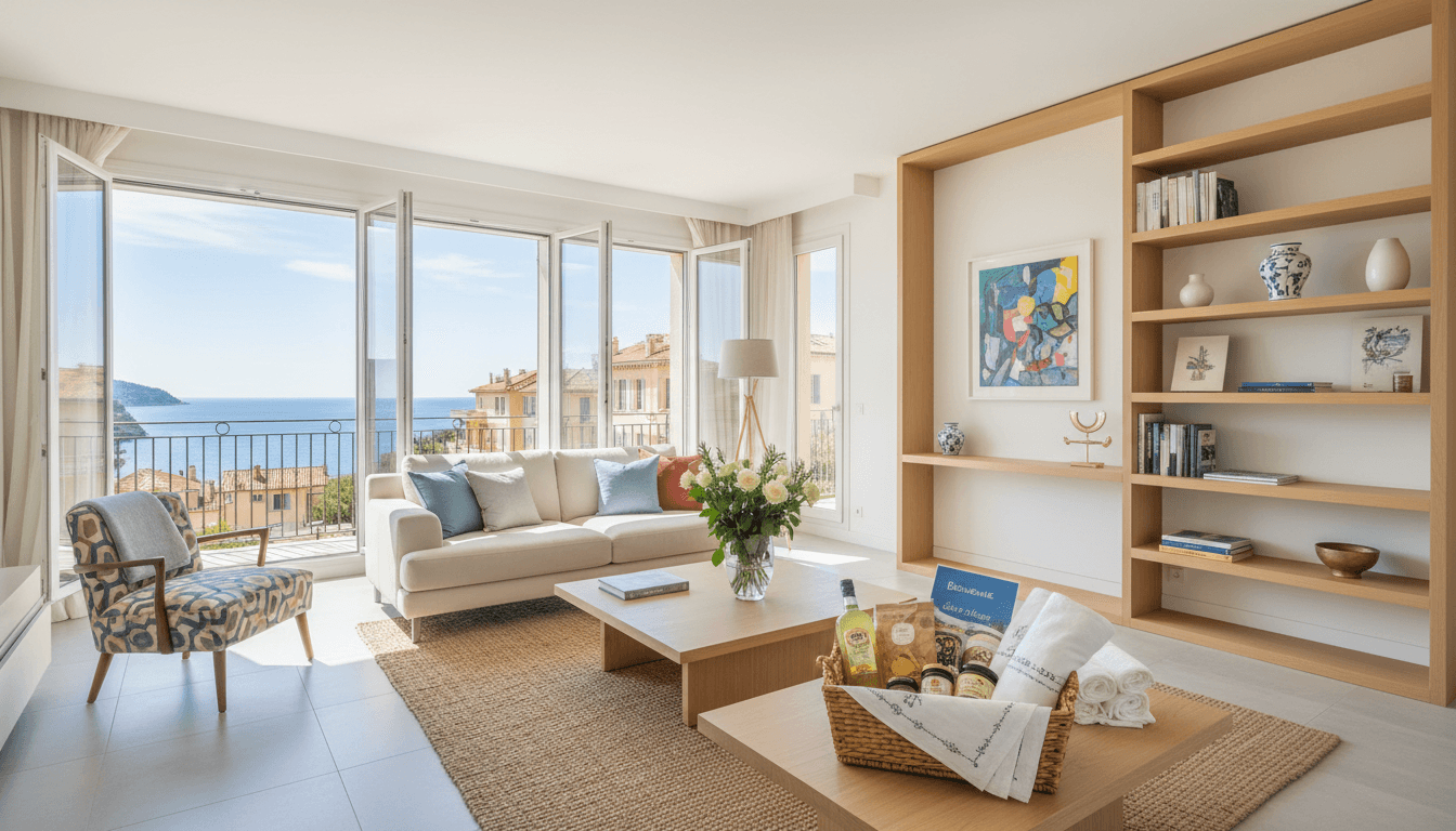 Stylish apartment interior with modern furniture and fresh linens, sunlit and welcoming